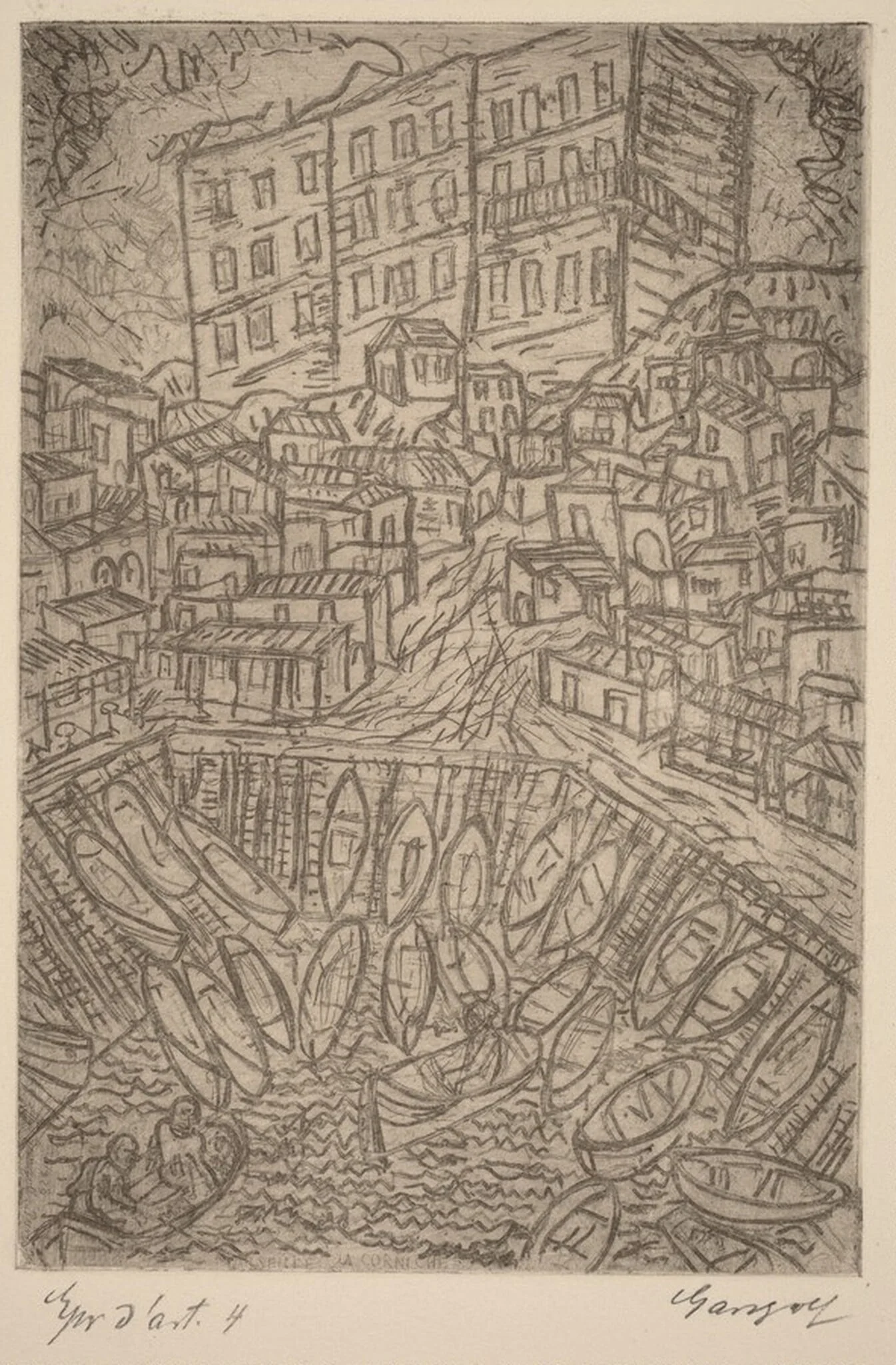 Petit Port--La Corniche, Marseilles, by Paul Gangolf, ink, 1928