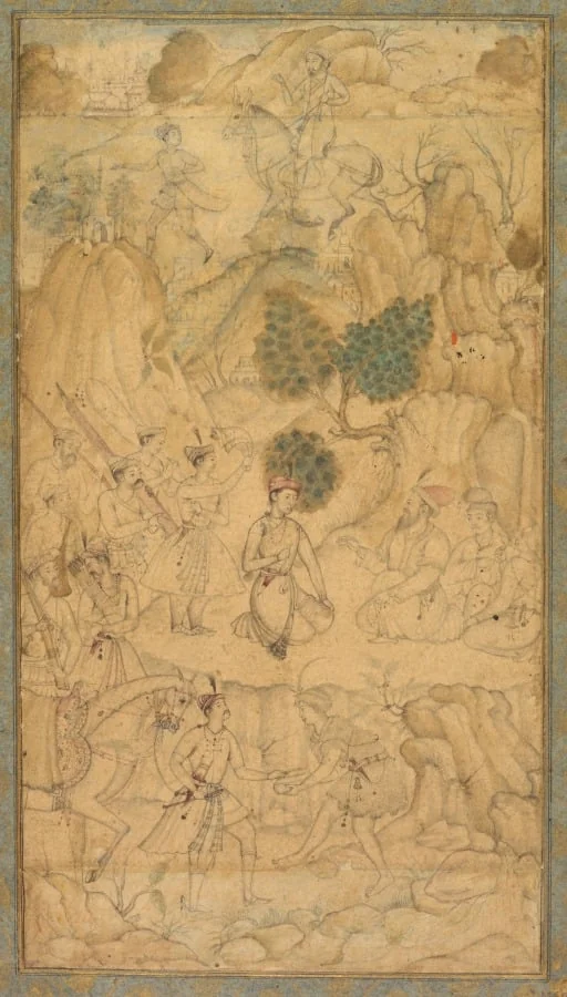 A Prince Visiting a Holy Man in a Rocky Landscape (recto), by Unknown, unspecified, 1590