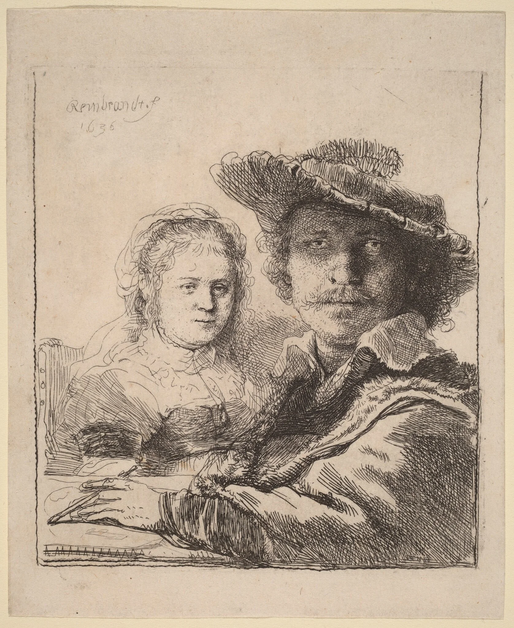 Self-Portrait with Saskia, by Rembrandt, ink, 1636