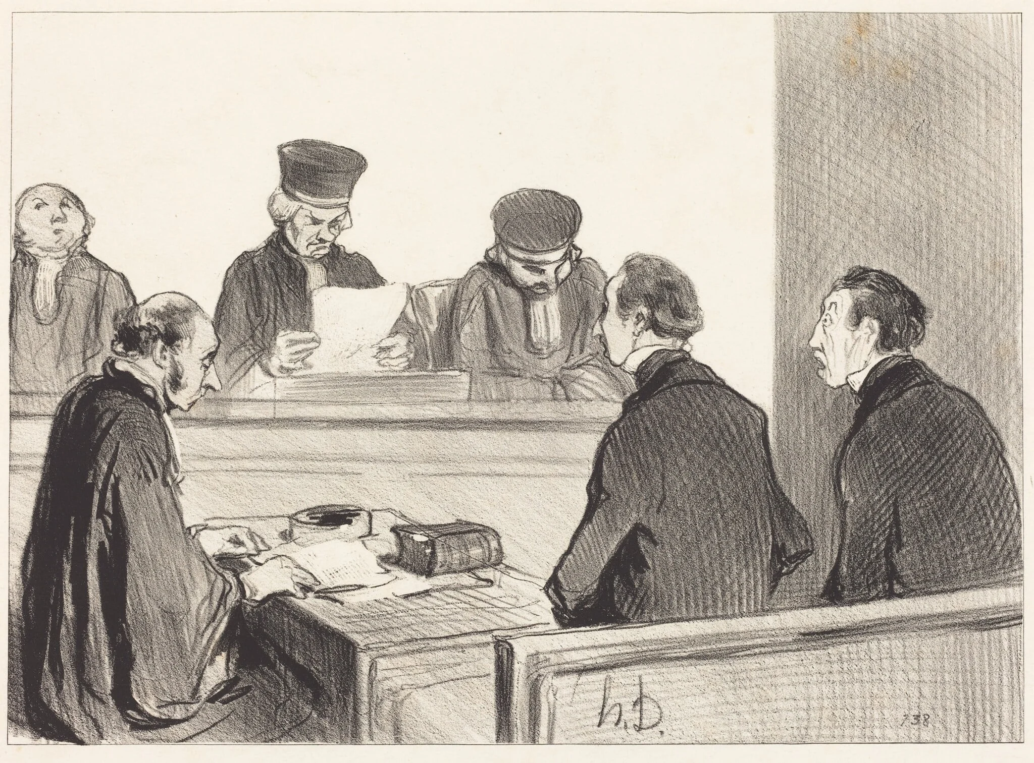 La Cour, vidant le délibéré..., by Honoré Daumier, ink, 1845