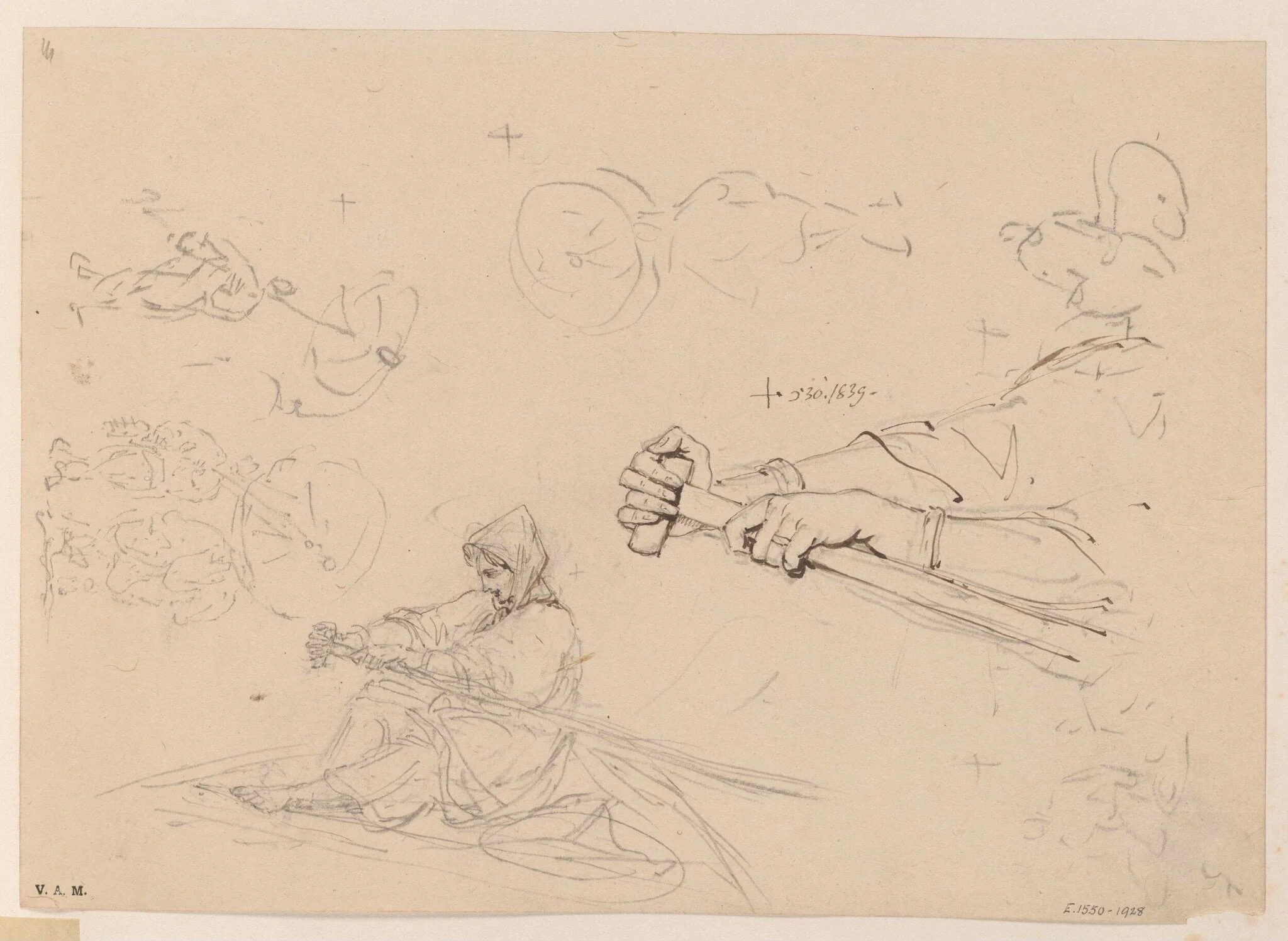 Drawings of a boatwoman rowing, and sketches of figures with parasols, by George Chinnery, 18