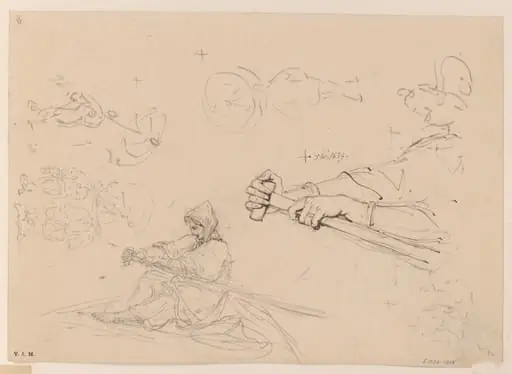 Drawings of a boatwoman rowing, and sketches of figures with parasols