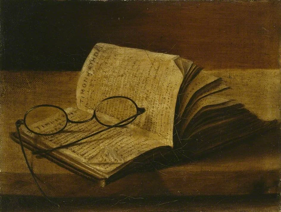 Still Life with an open Book and Spectacles, by William T. Howell Allchin, oil