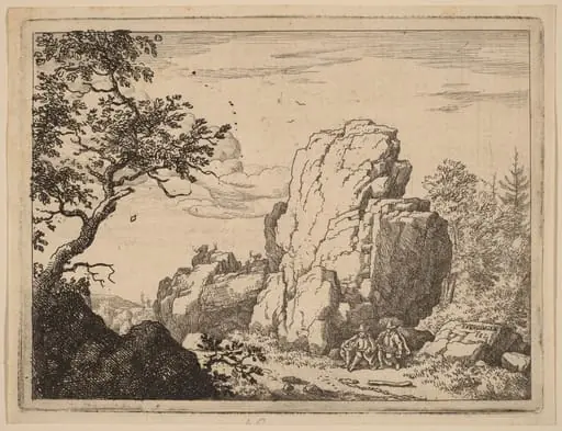 Two Men Seated at the Foot of a High Rock