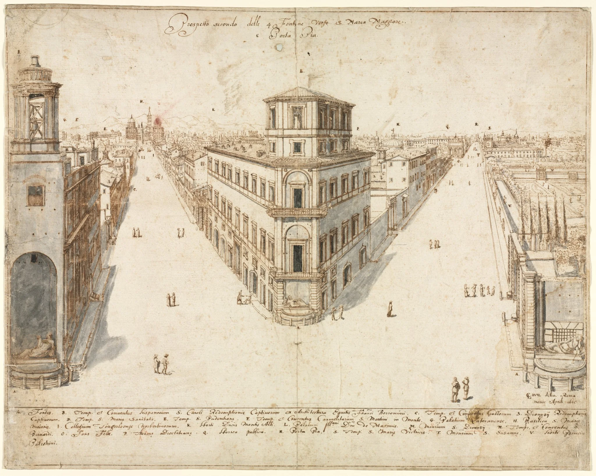 Eighteen Views of Rome: The Quattro Fontane Looking Toward Santa Maria Maggiore, by Lievin Cruyl, 1665