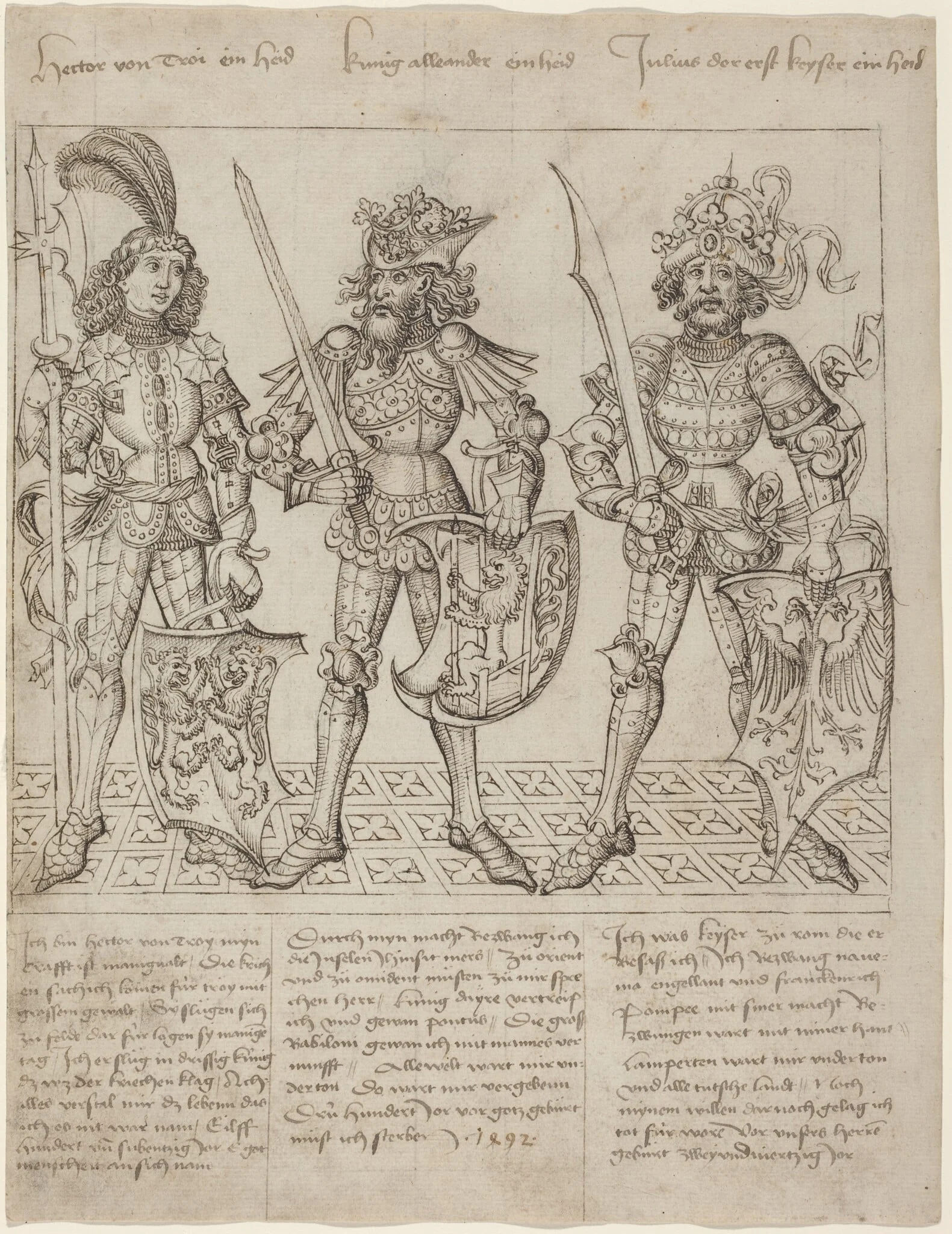 Hector of Troy, Alexander the Great and Julius Caesar, by Primary Master of the Strassburg Chronicle, ink, 1492