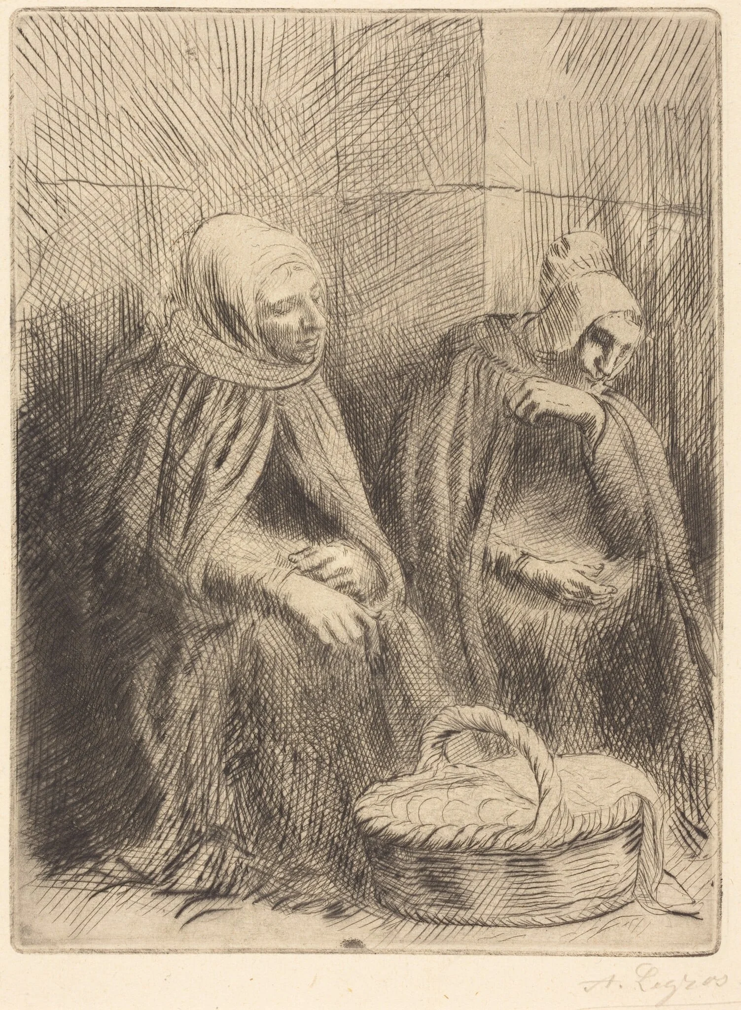 Egg-sellers, 1st plate (Les marchandes d'oeufs), by Alphonse Legros, ink, 1874