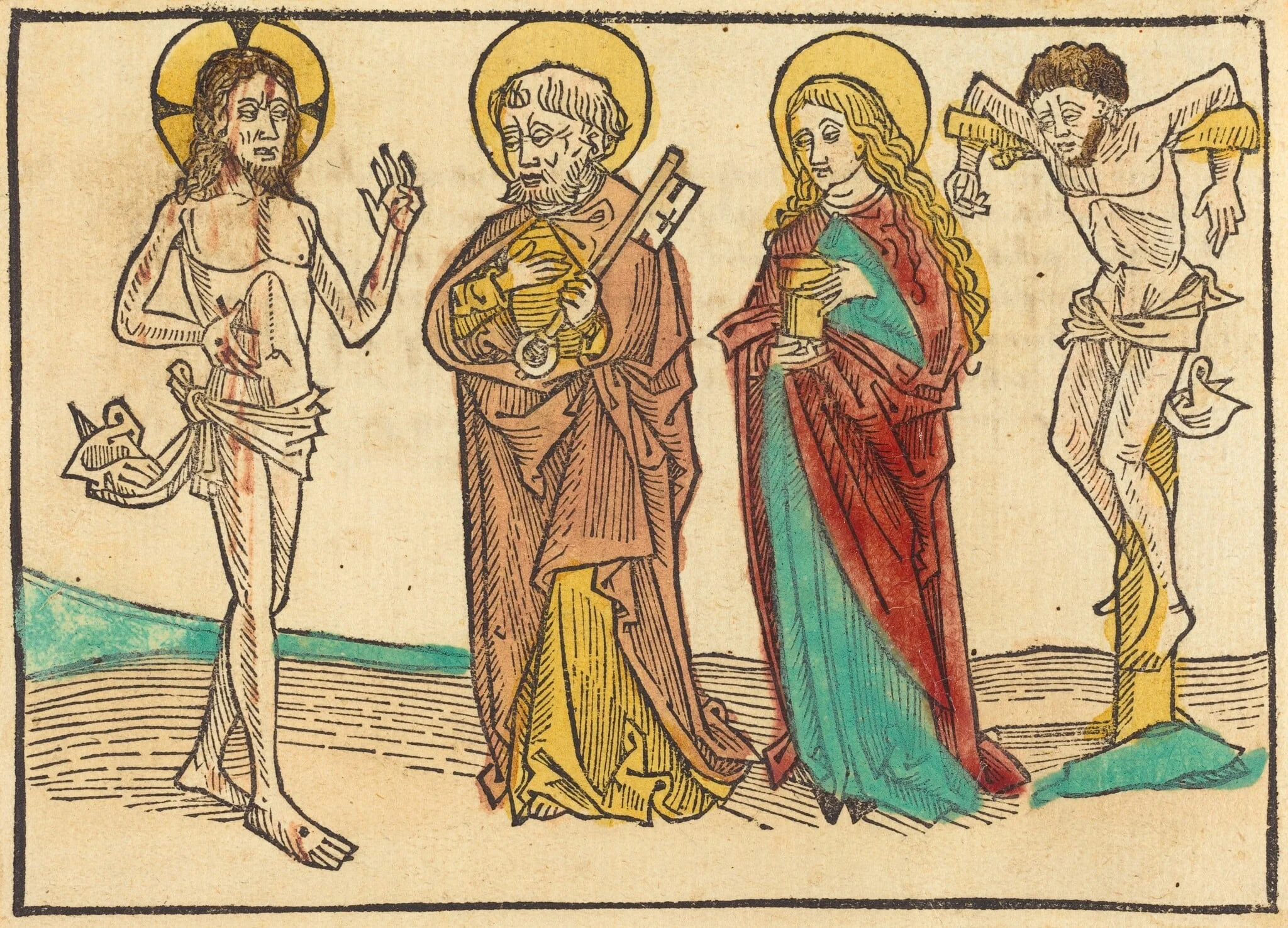 Christ Showing His Wounds to Peter, the Magdalene and the Good Thief, by German 15th Century, ink, 1485