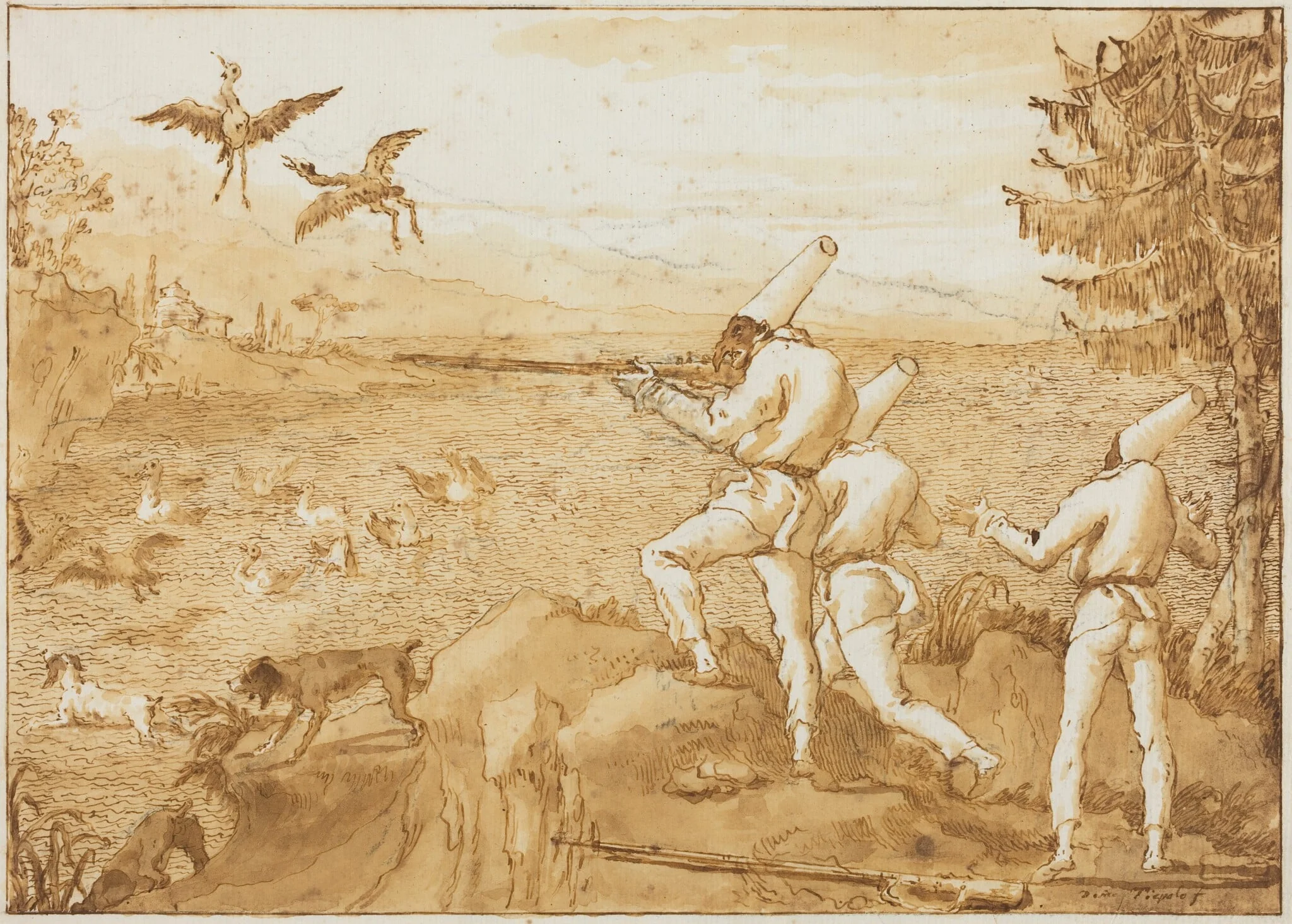 Punchinellos Hunting Waterfowl, by Giovanni Domenico Tiepolo, ink, 1800