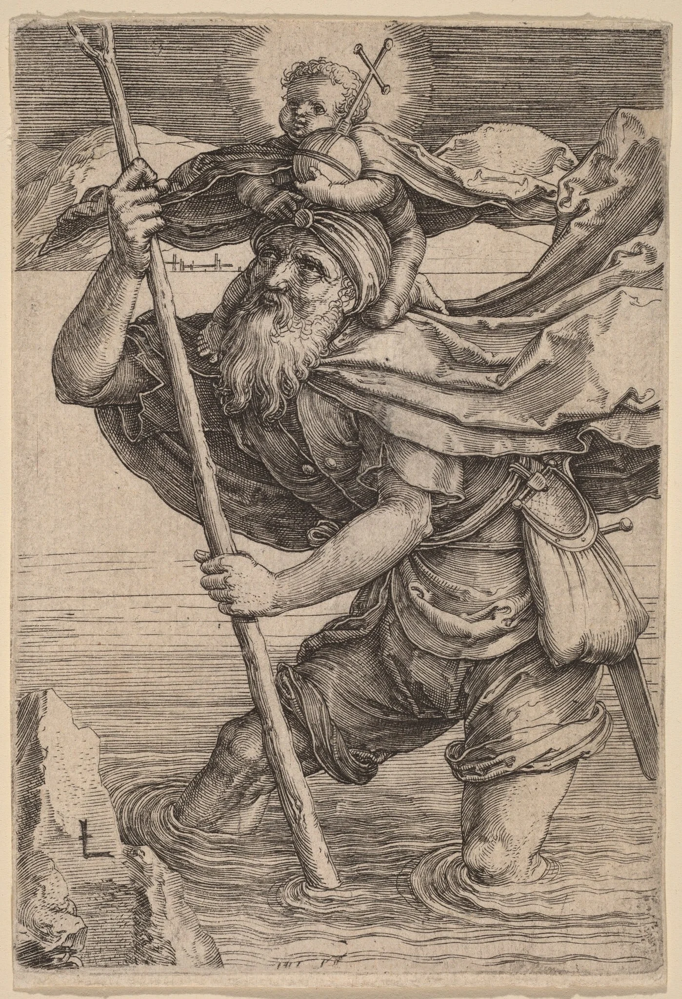 Saint Christopher Carrying the Infant Christ, by Lucas van Leyden, ink, 1521