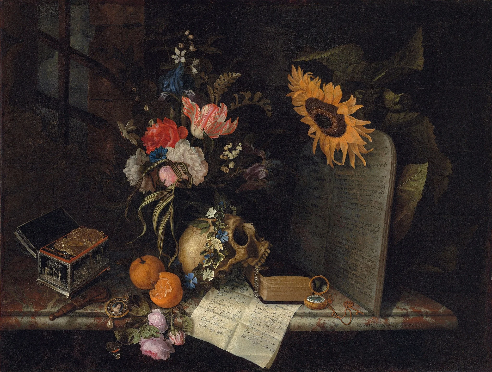 Vanitas Still Life with a Sunflower, by Jan Davidsz. de Heem, oil, 1674
