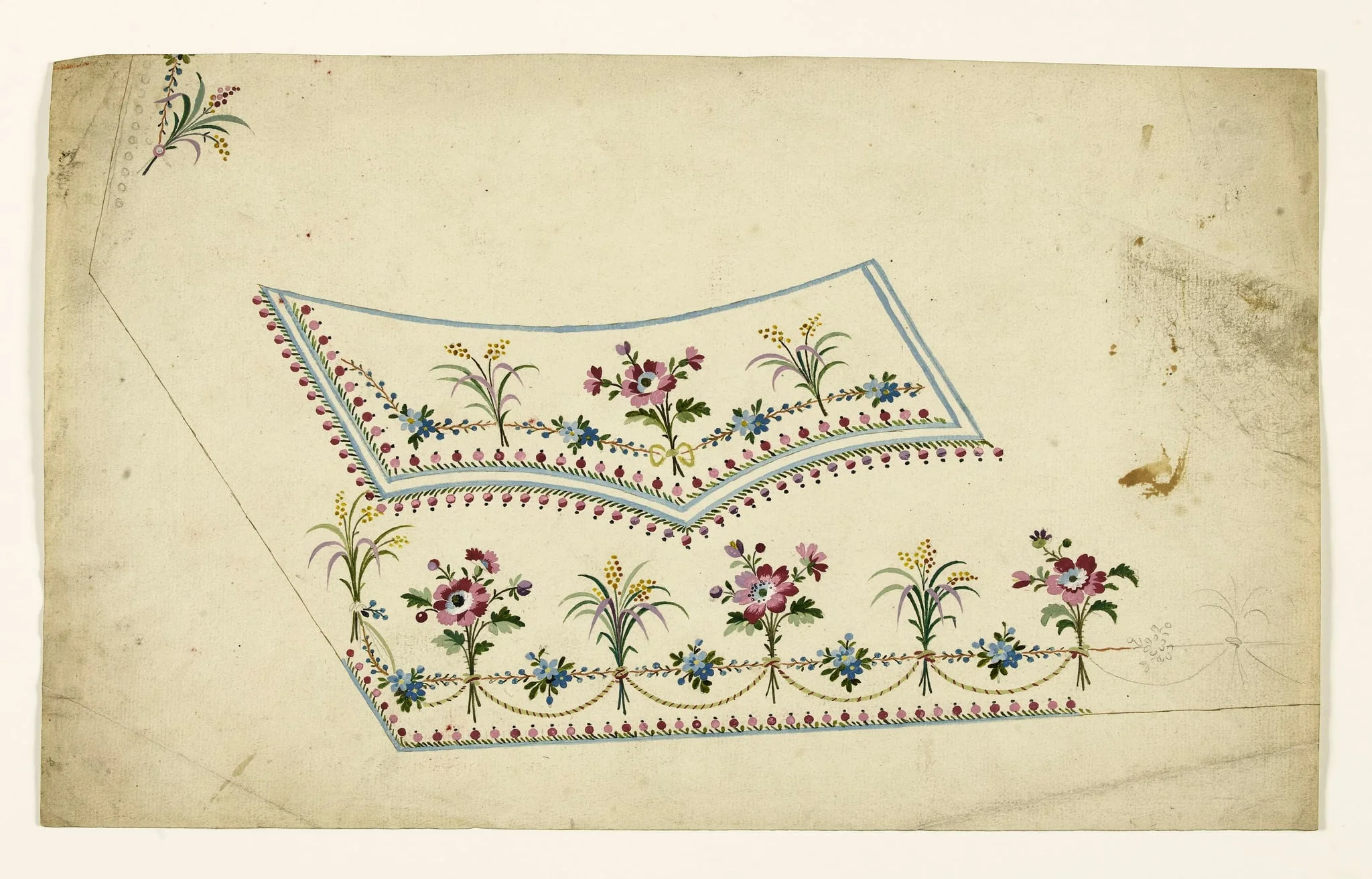 Composition avec bouquets de fleurs liés par des cordons rayés et des guirlandes de fleurs, frises de perles pourpres, projets de broderies de gilet, XVIIIème siècle, by Anonyme, 1750