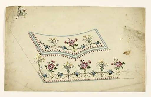 Composition avec bouquets de fleurs liés par des cordons rayés et des guirlandes de fleurs, frises de perles pourpres, projets de broderies de gilet, XVIIIème siècle