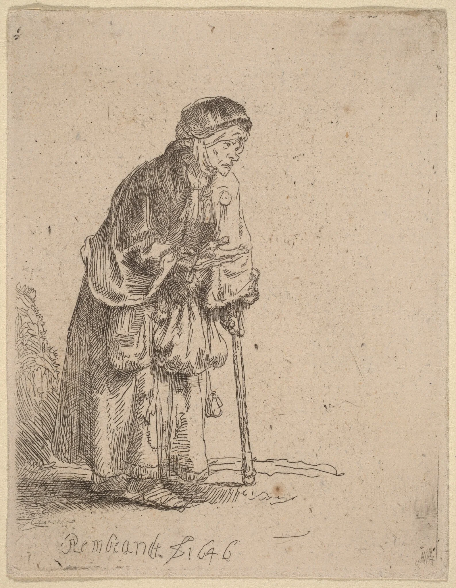 Beggar Woman Leaning on a Stick, by Rembrandt, ink, 1646