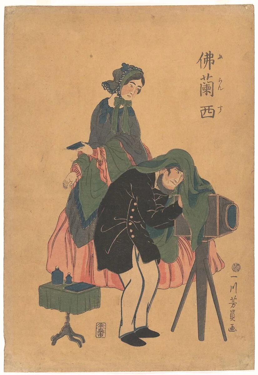 仏蘭西|French Photographer with His Wife, by Utagawa Yoshikazu, ink, 1861