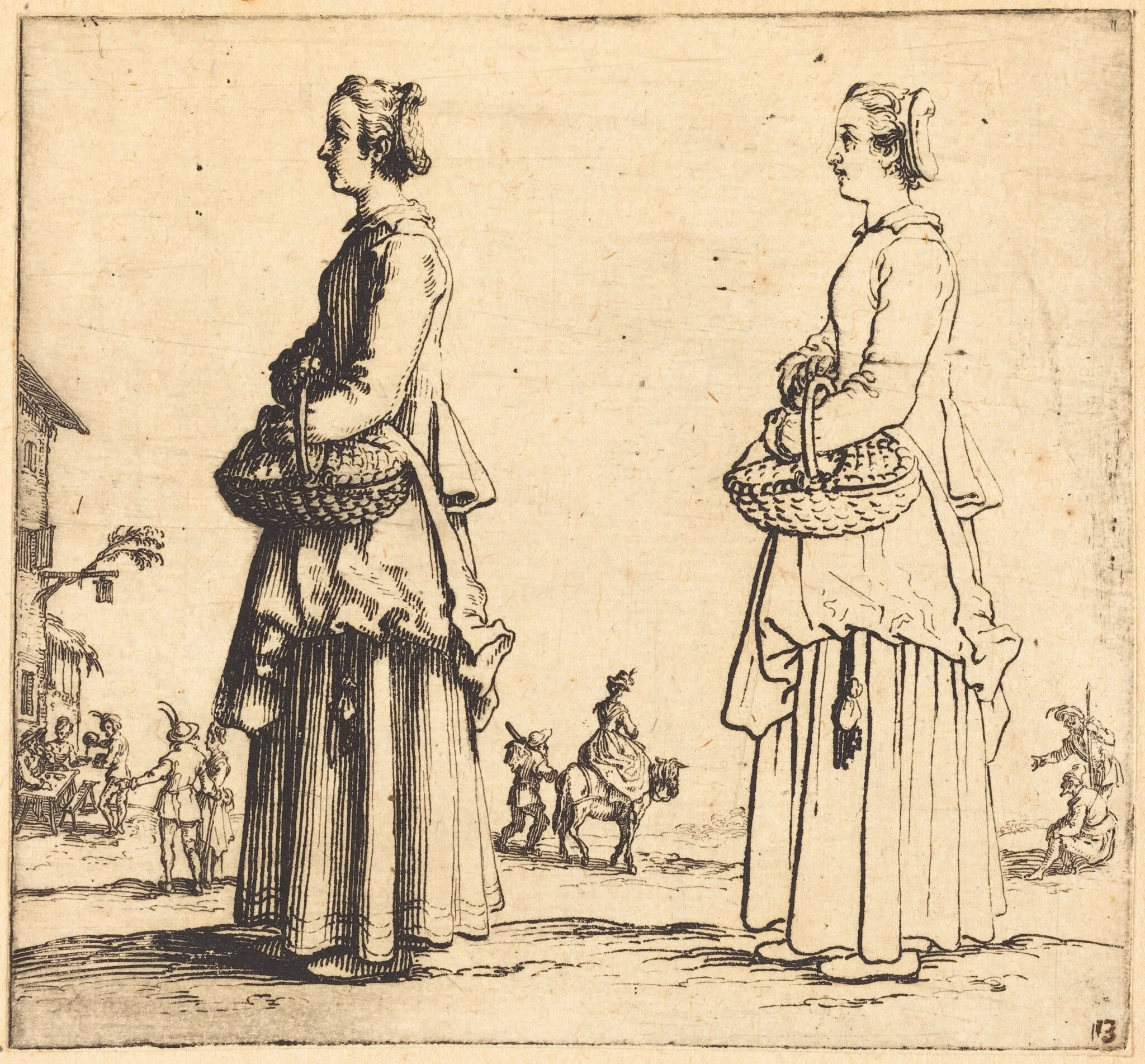 Peasant Woman with Basket, in Profile, Facing Left, by Jacques Callot, ink, 1622