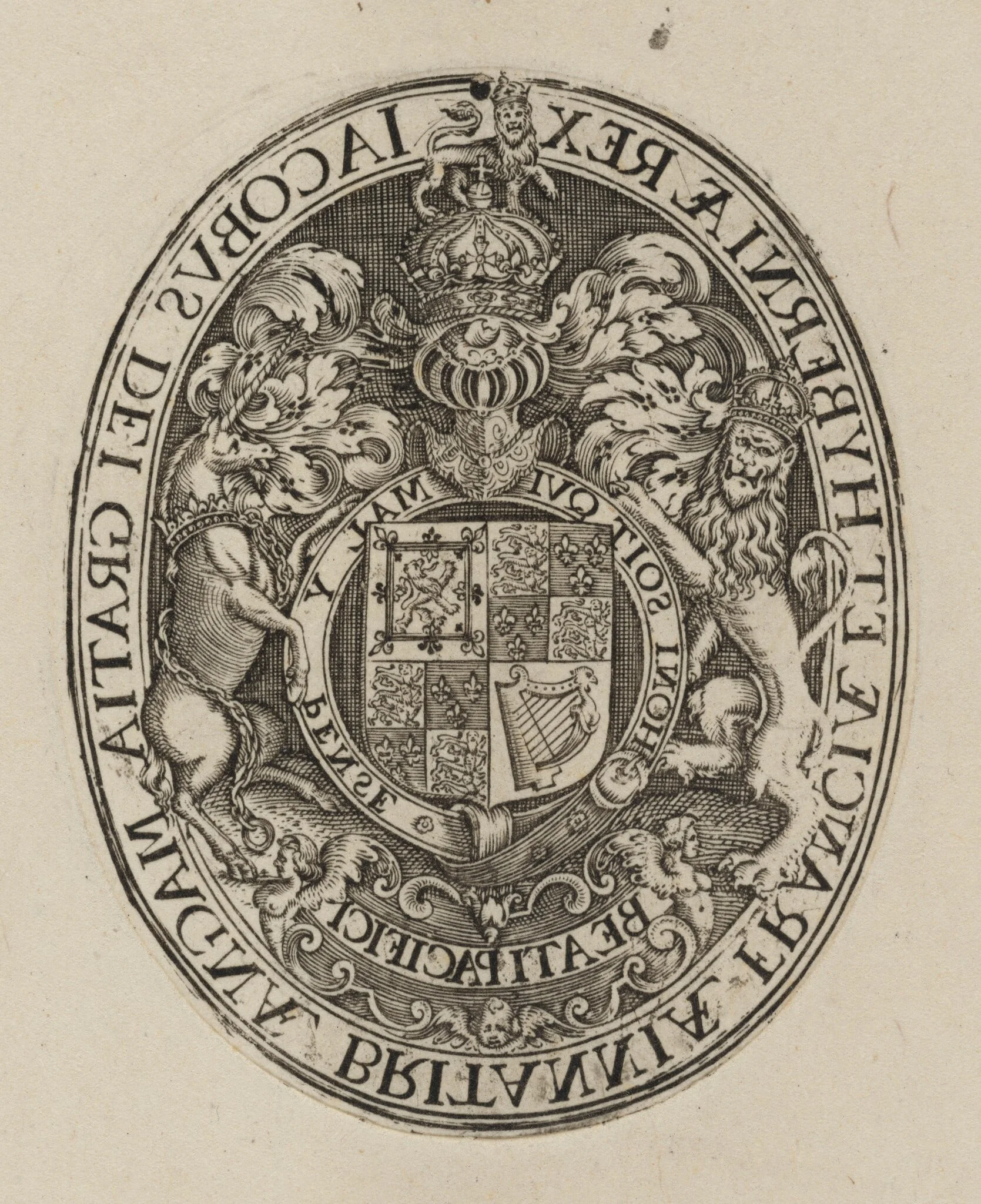 Shield of James I [bottom half], by Simon van de Passe, ink, 1621