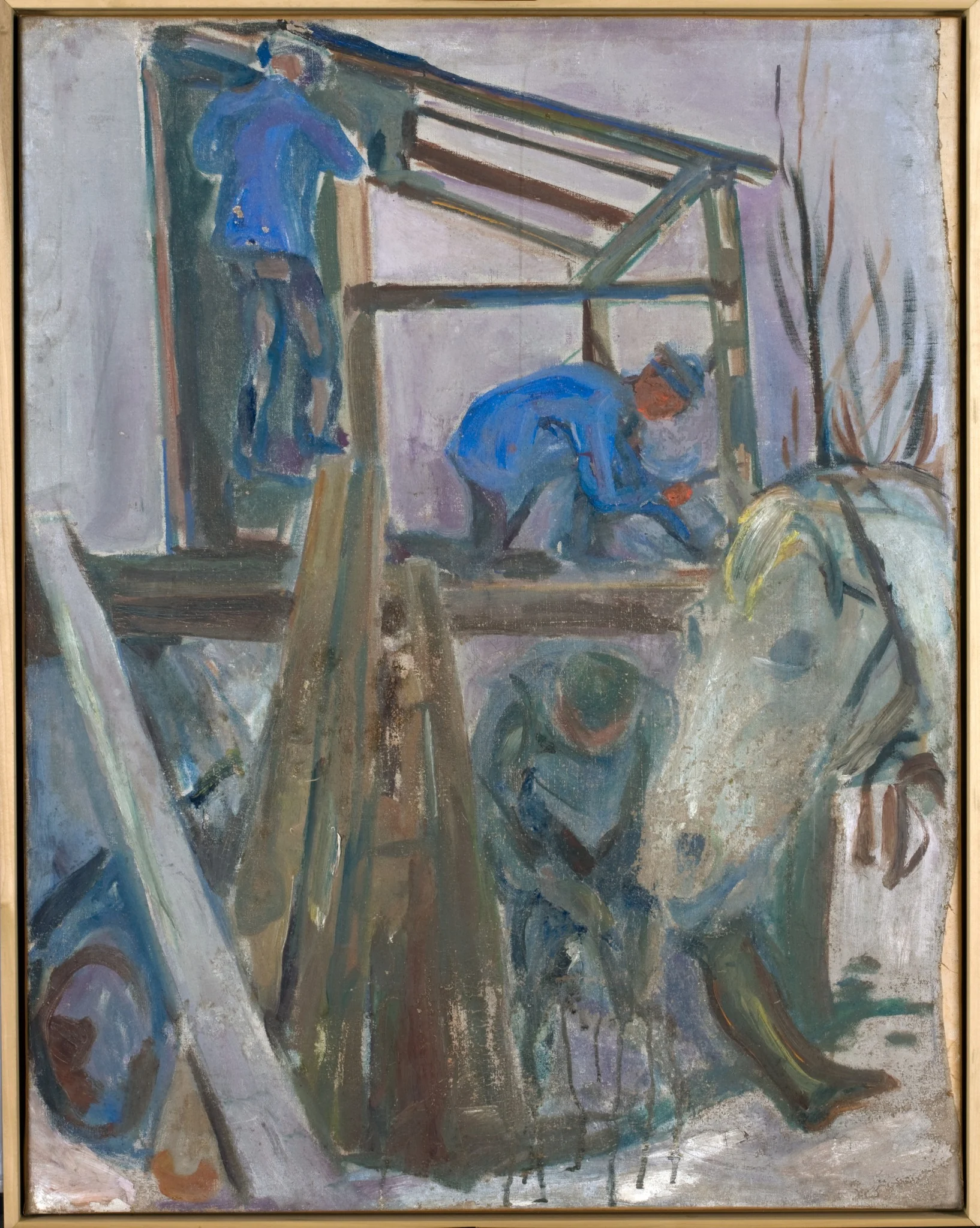 Timbermen at Work on the Studio Building, by Edvard Munch, oil, 1920