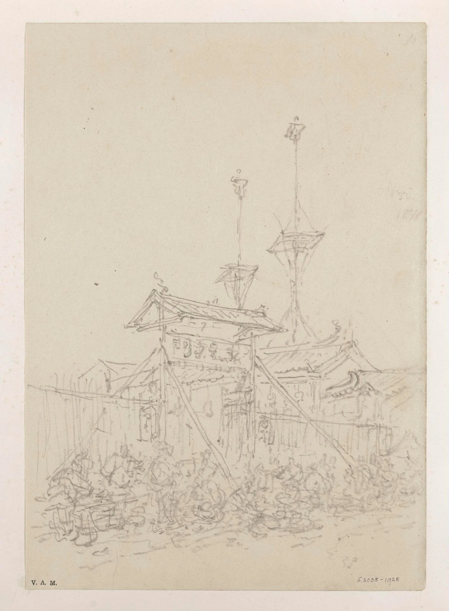 Market stalls by an entrance to a Chinese temple, Macau, by George Chinnery, 12