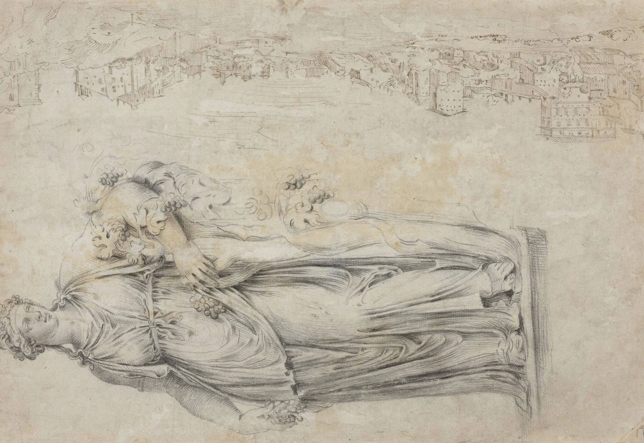 View of the Tiber; Copy of a Roman Sculpture of a Bacchante [verso], by Étienne Dupérac, chalk, 1559