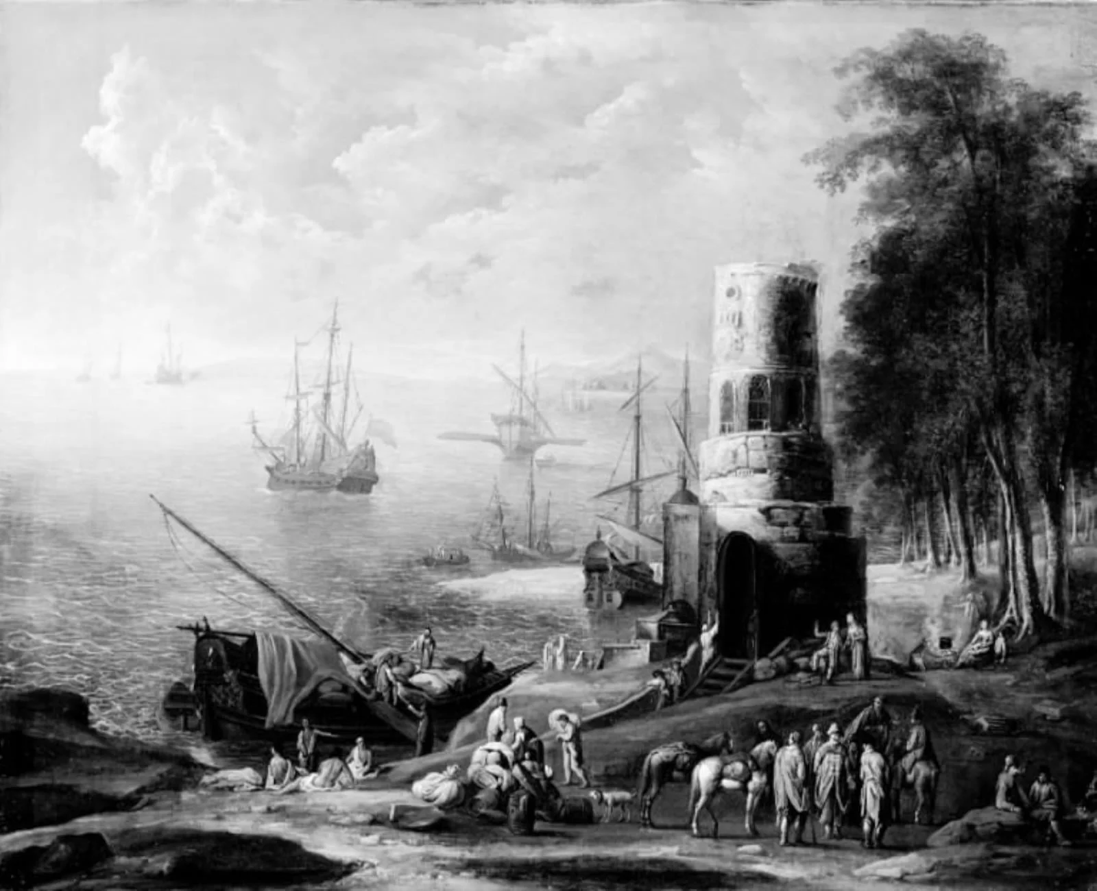 Seascape with Ships, a Forest and a Tower, by Unknown, 1848