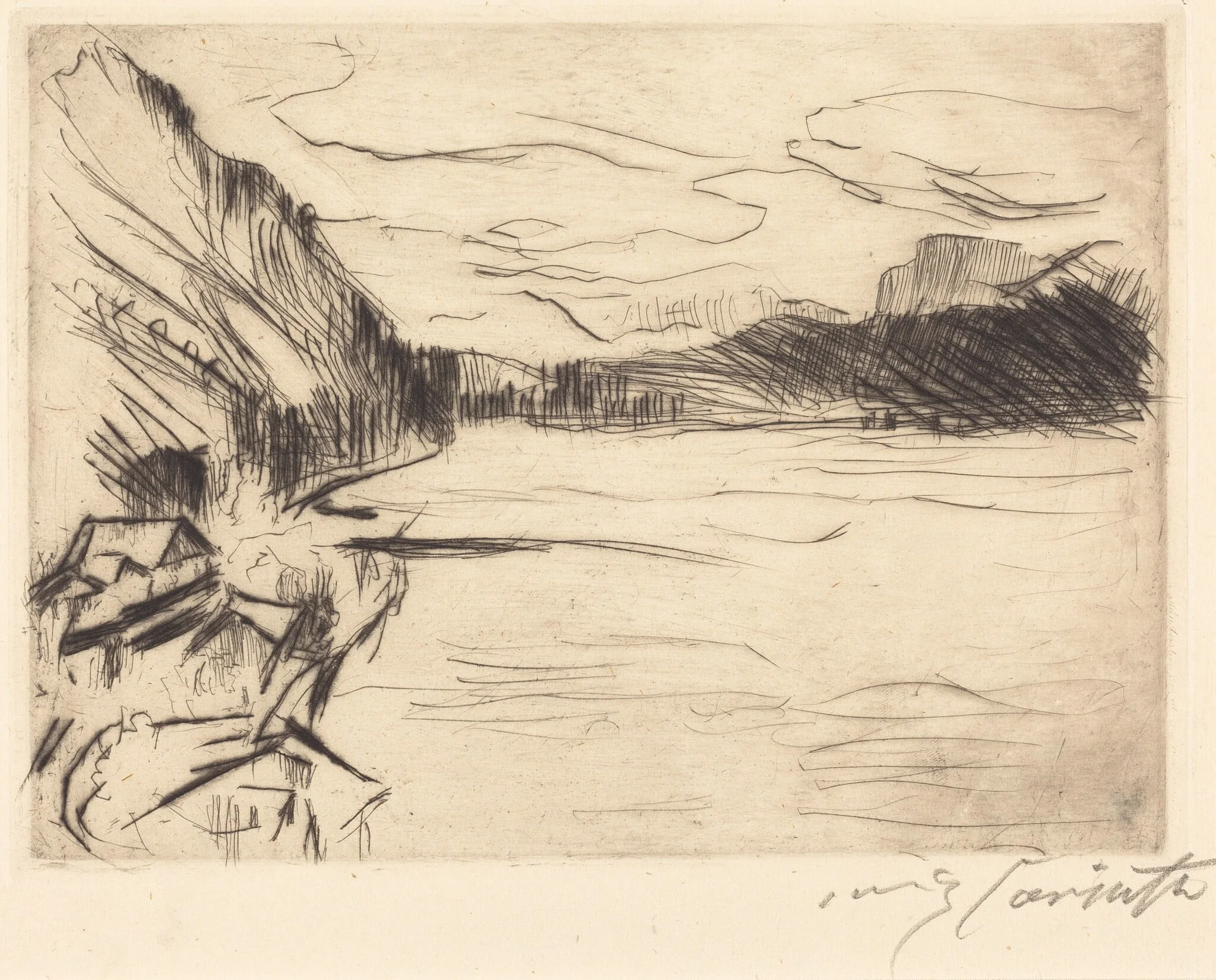 Am Walchensee (On Walchen Lake), by Lovis Corinth, ink, 1923