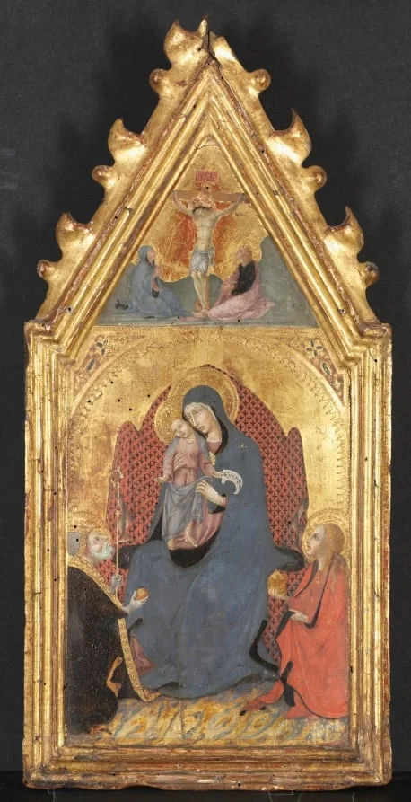 Virgin and Child Adored by Saints Mary Magdalene and Nicolas of Bari;  Christ Crucified with the Virgin and Saint John the Evangelist, by Sano di Pietro, unspecified, 1404