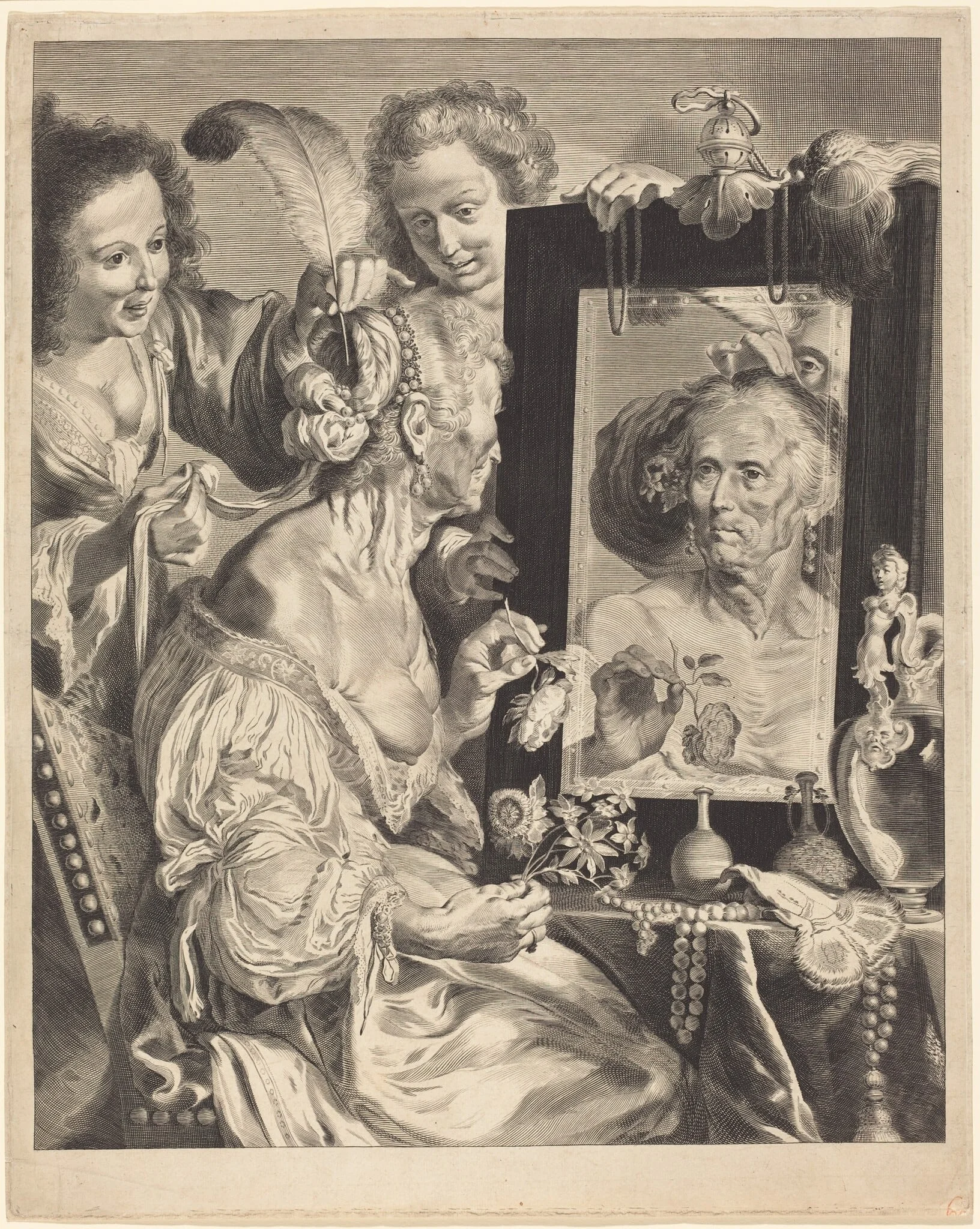 An Old Woman at the Toilet Table, by Jeremias Falck, ink, 1658