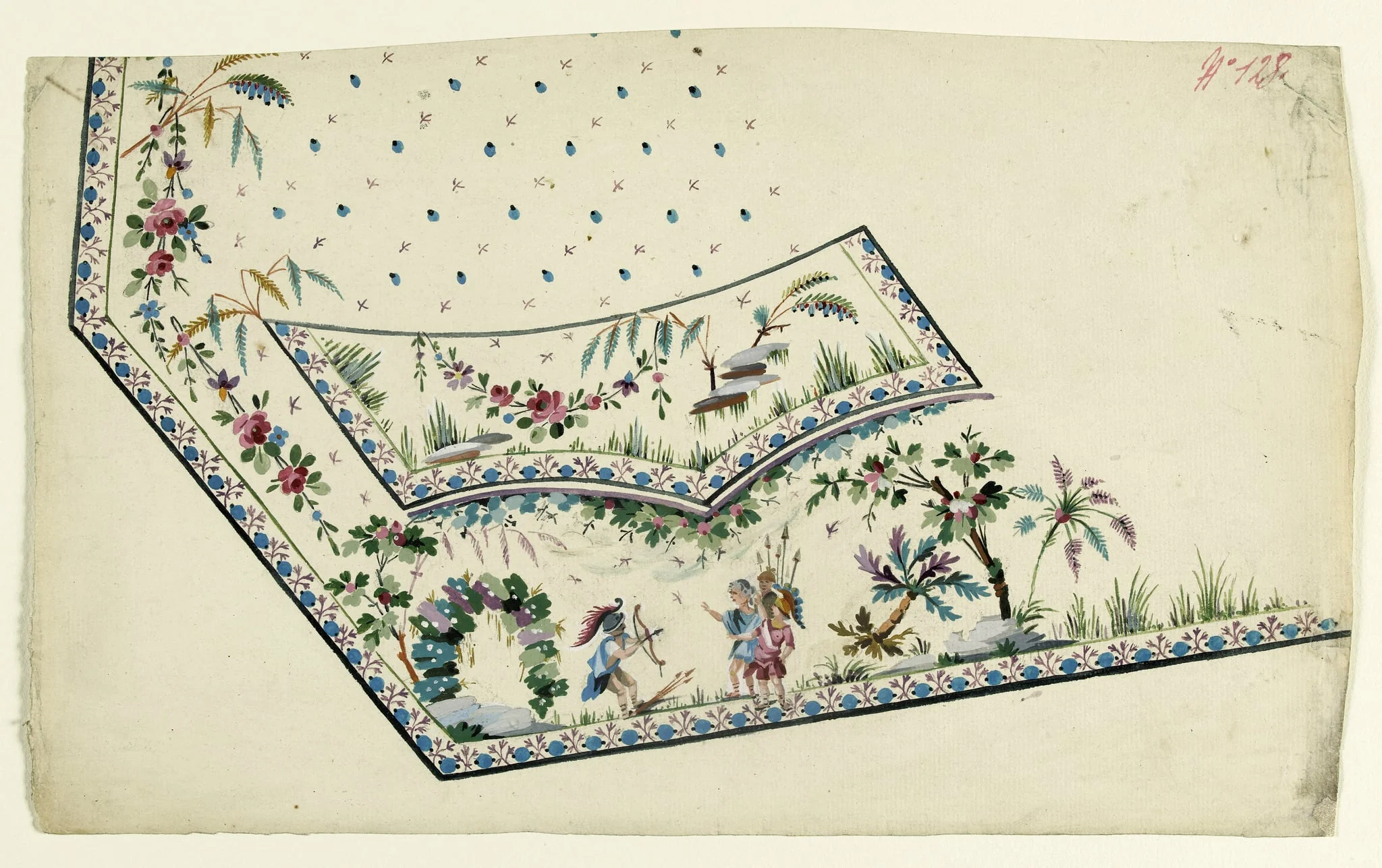Gilet décor de paysage avec guerriers, projets de broderies de gilet, XVIIIème siècle, by Anonyme, 1780