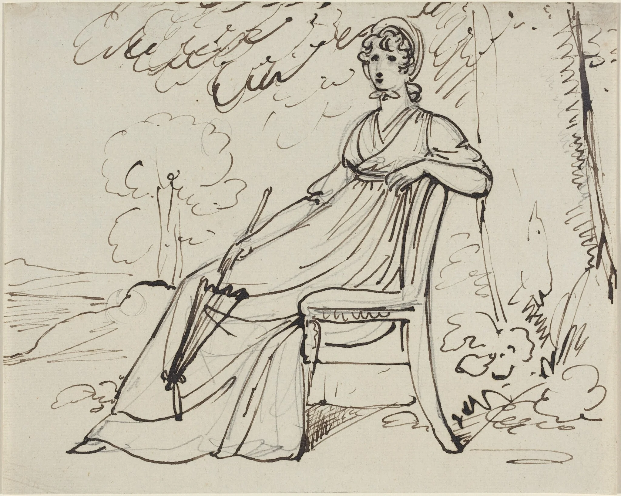 A Lady Seated with a Parasol, by Samuel Woodforde, ink, 1794