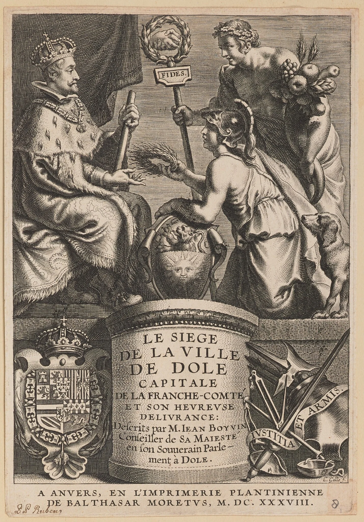 Title Page for Jean Boyvin, Le Siege de la Ville de Dole, by Cornelis Galle I, ink, 1638