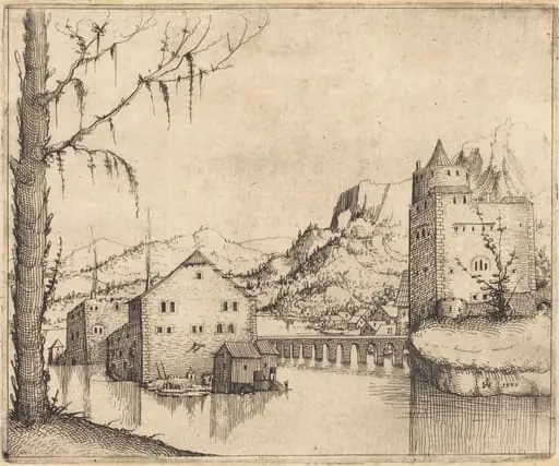 River Landscape with Two Buildings