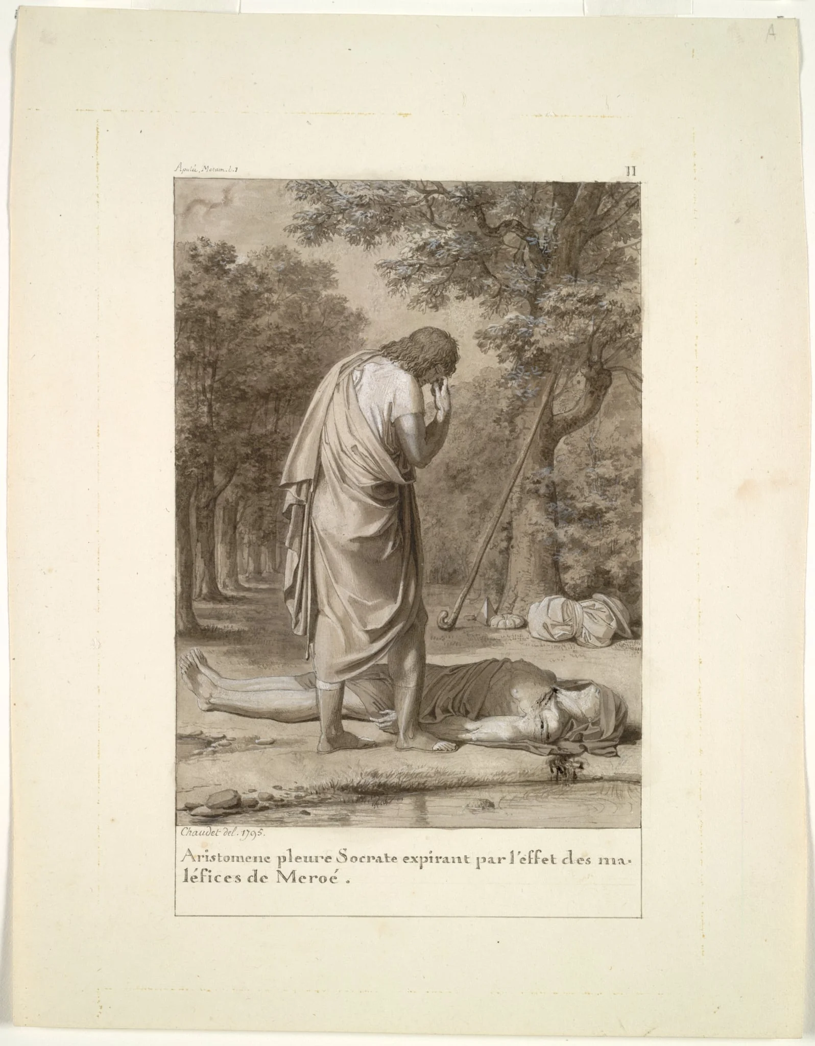 Aristomenes Mourning the Death of Socrates from the Bewitchment of Meroë (from Book 1 of Apuleius, "The Golden Ass"), by Antoine Denis Chaudet, 1795