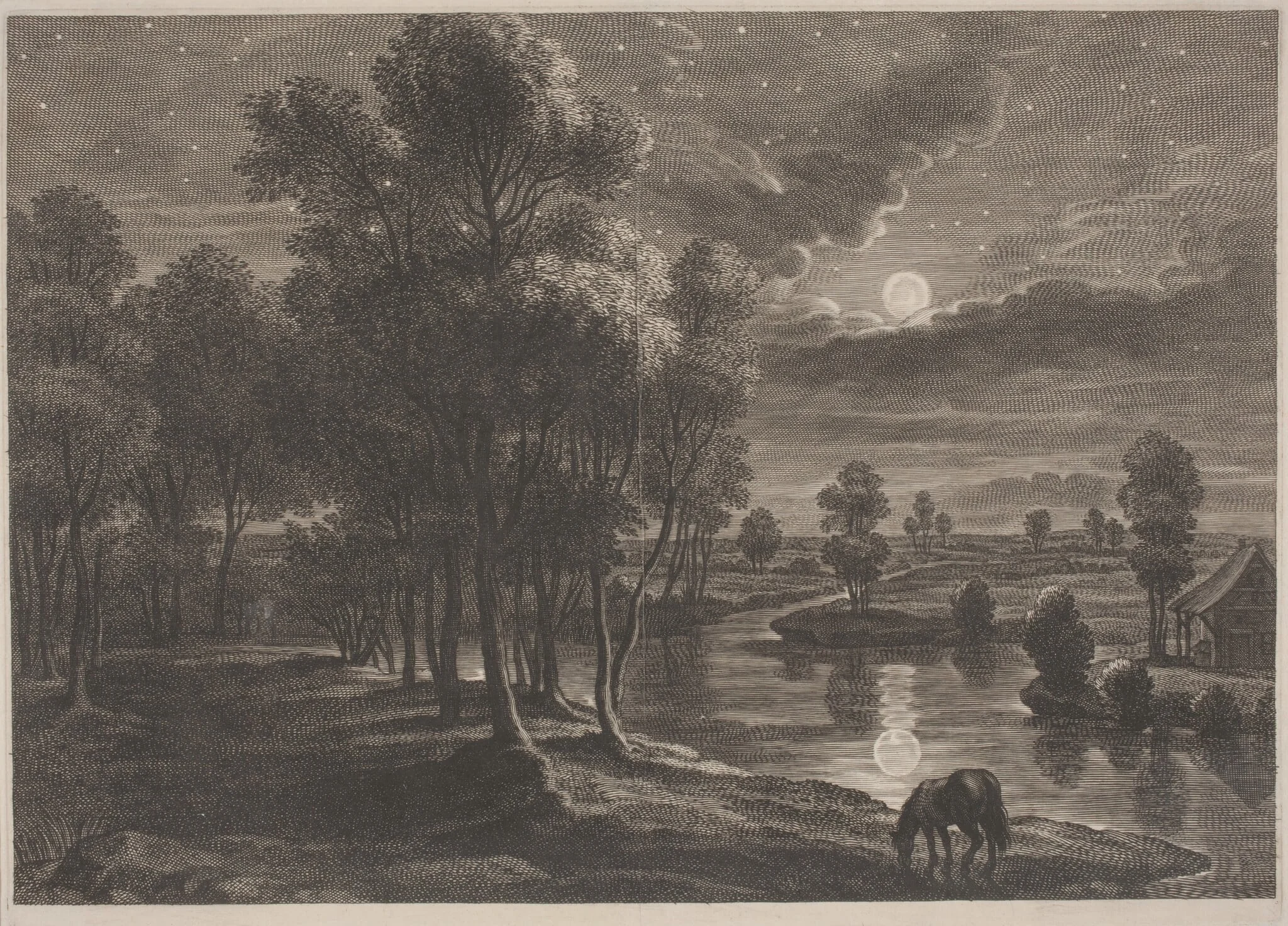 Moonlit River Landscape, by Schelte Adams Bolswert, ink, 1622