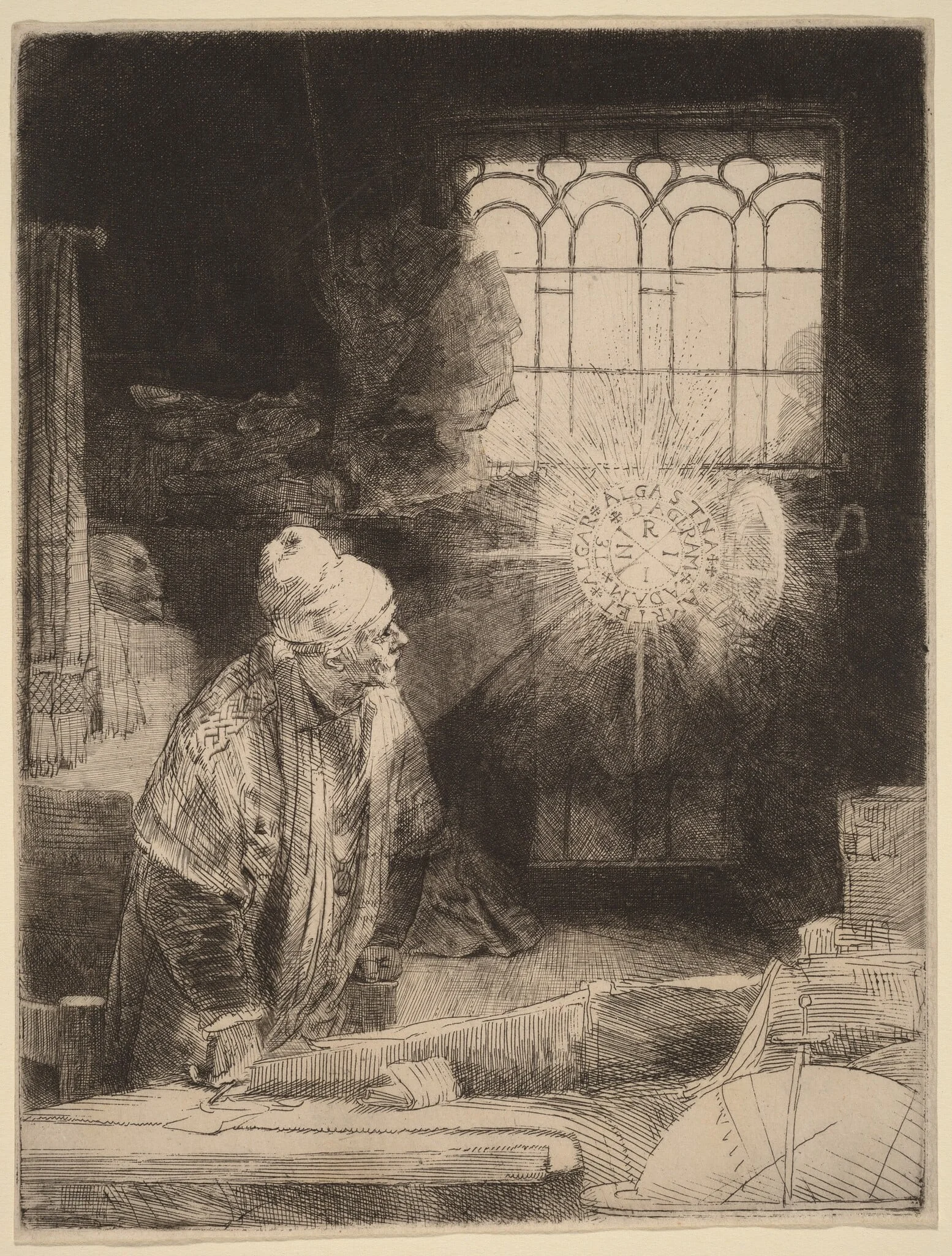 Faust, by Rembrandt, ink, 1652
