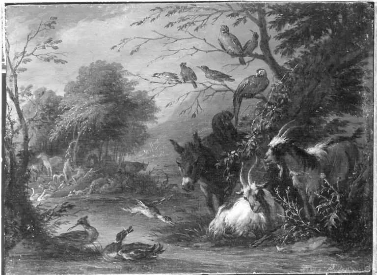 Earthly Paradise with in the background the Fall of Man (Genesis 3:6)