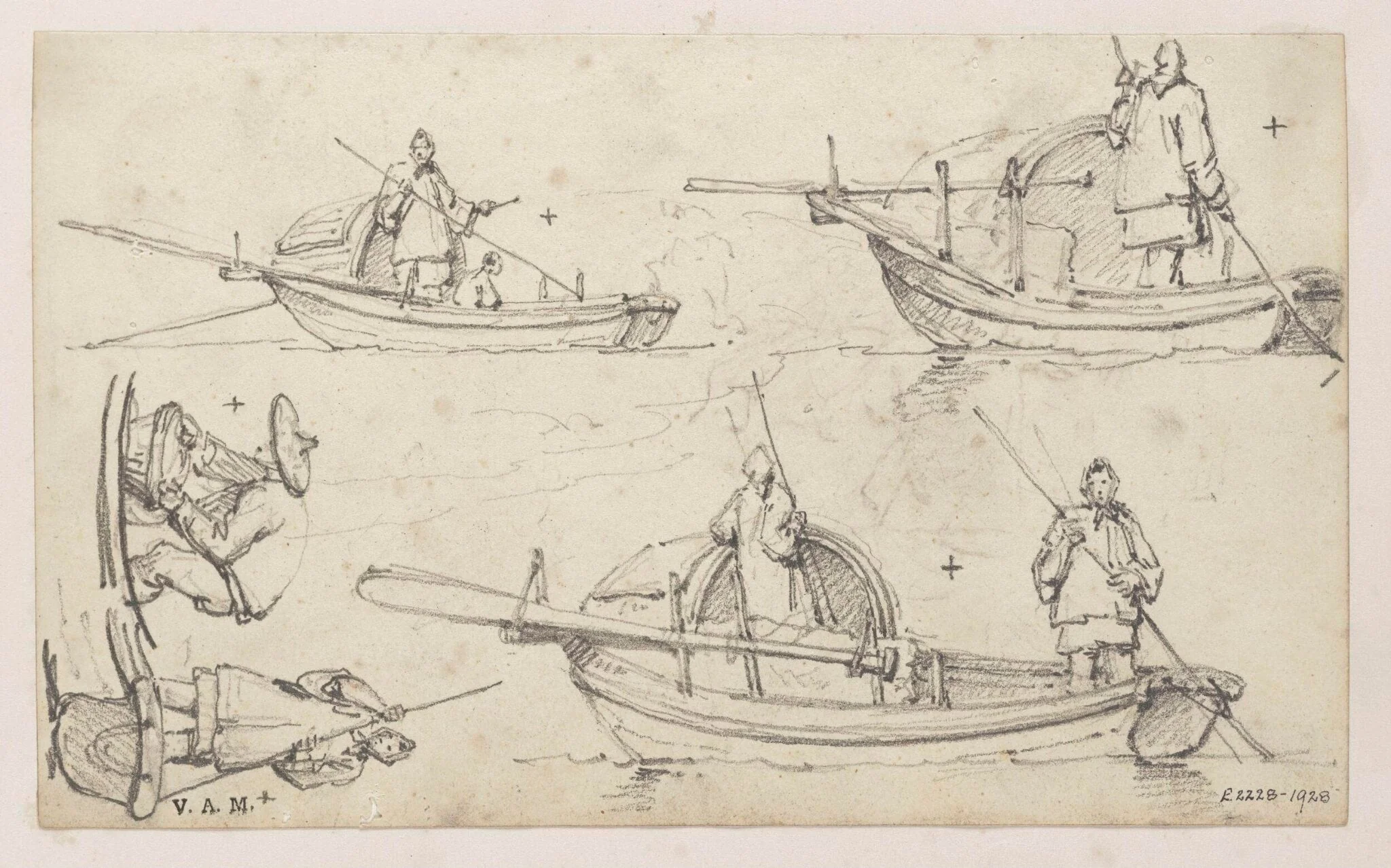 Five drawings of figures in Tanka boats, by George Chinnery, 19