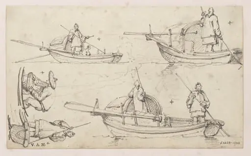 Five drawings of figures in Tanka boats