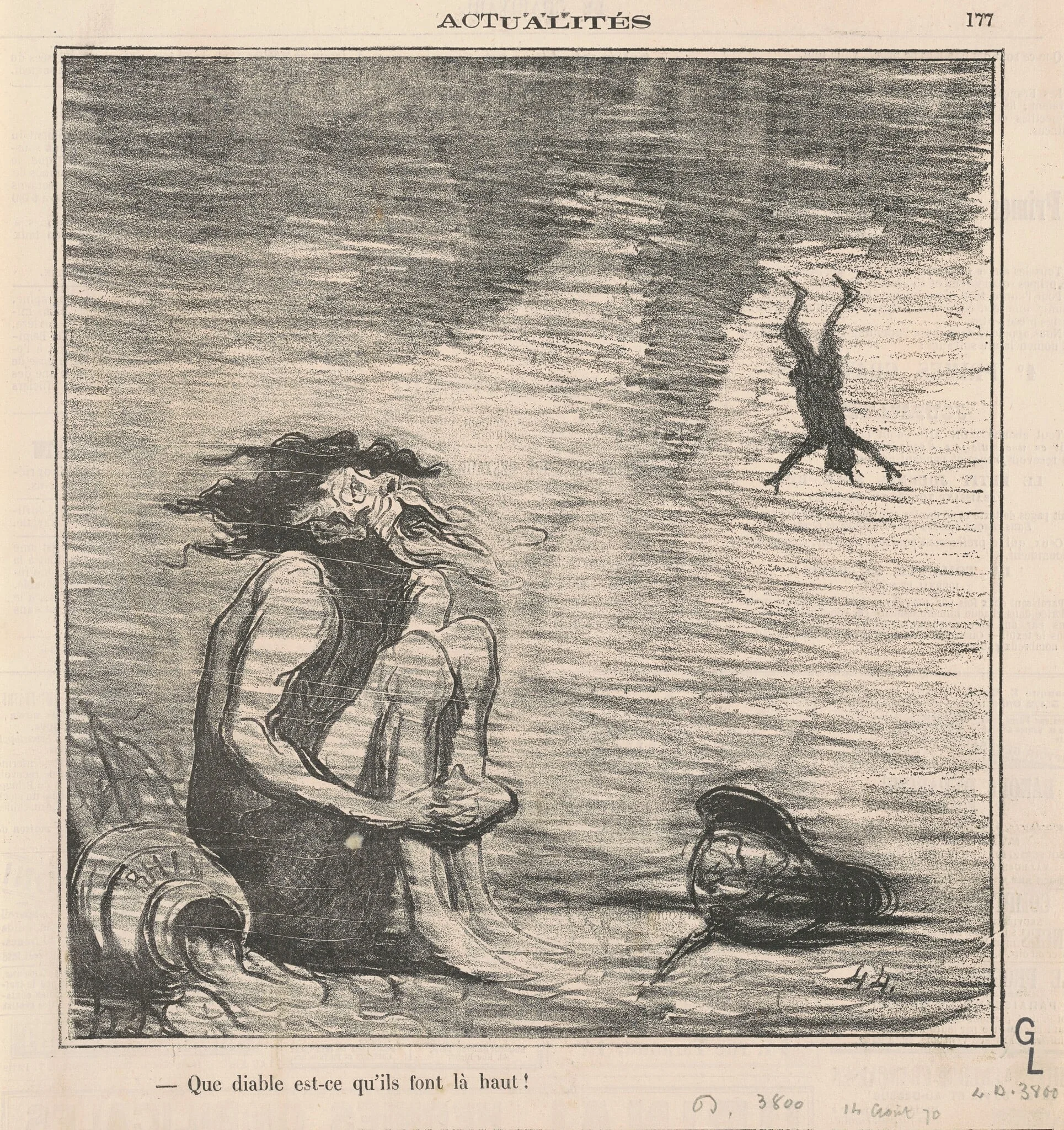 Que diable est-ce qu'ils font la-haut!, by Honoré Daumier, ink, 1870