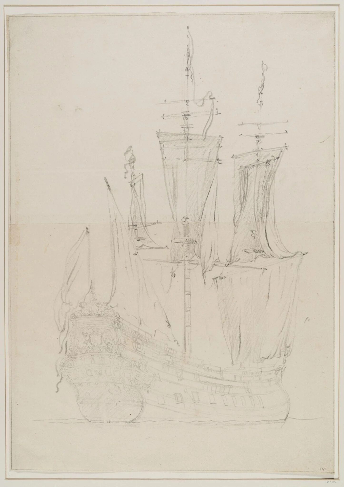 A Dutch Ship, possibly the Amsterdam; Quarter View, with the sails hanging loose, by Willem van de Velde the elder, 1665