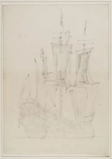 A Dutch Ship, possibly the Amsterdam; Quarter View, with the sails hanging loose