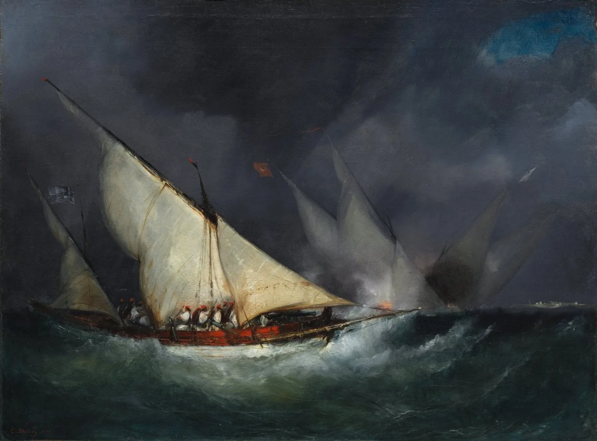Greek Pirates Attacking a Turkish Vessel, by Unknown, unspecified, 1835