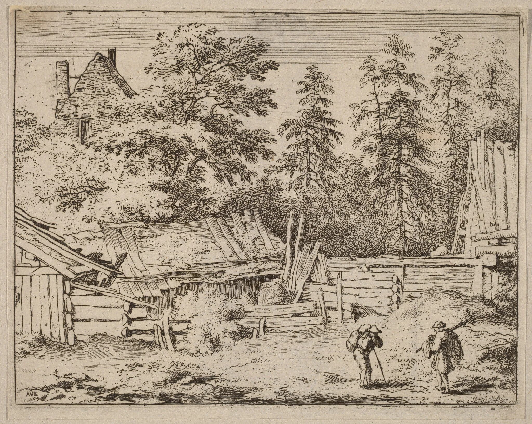 Three Cottages, by Allart van Everdingen, ink, 1650