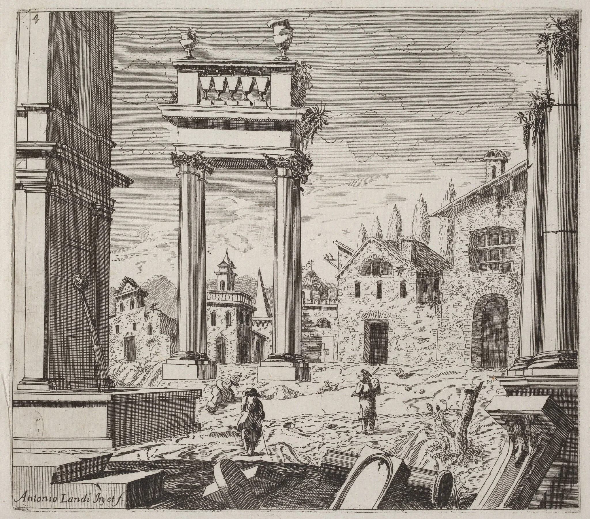 Architectural Fantasy with Classical Ruins and Vernacular Buildings, by Giuseppe Antonio Landi, ink, 1753
