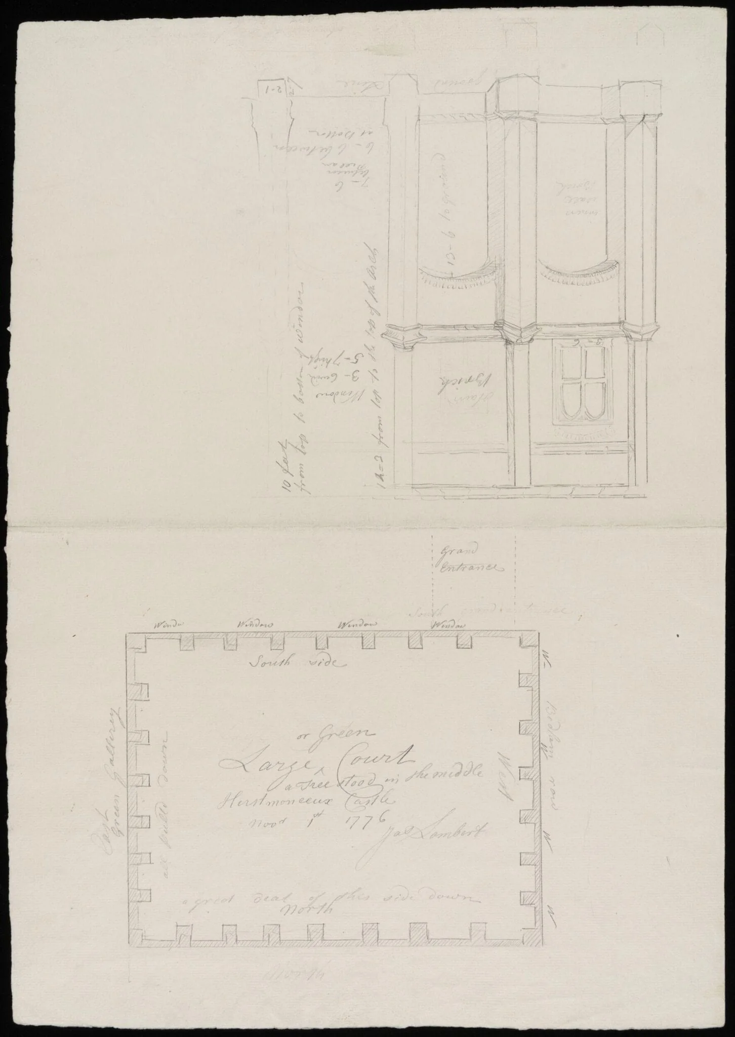 Plan, and elevation of two bays, of Green Court.