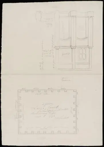 Plan, and elevation of two bays, of Green Court.