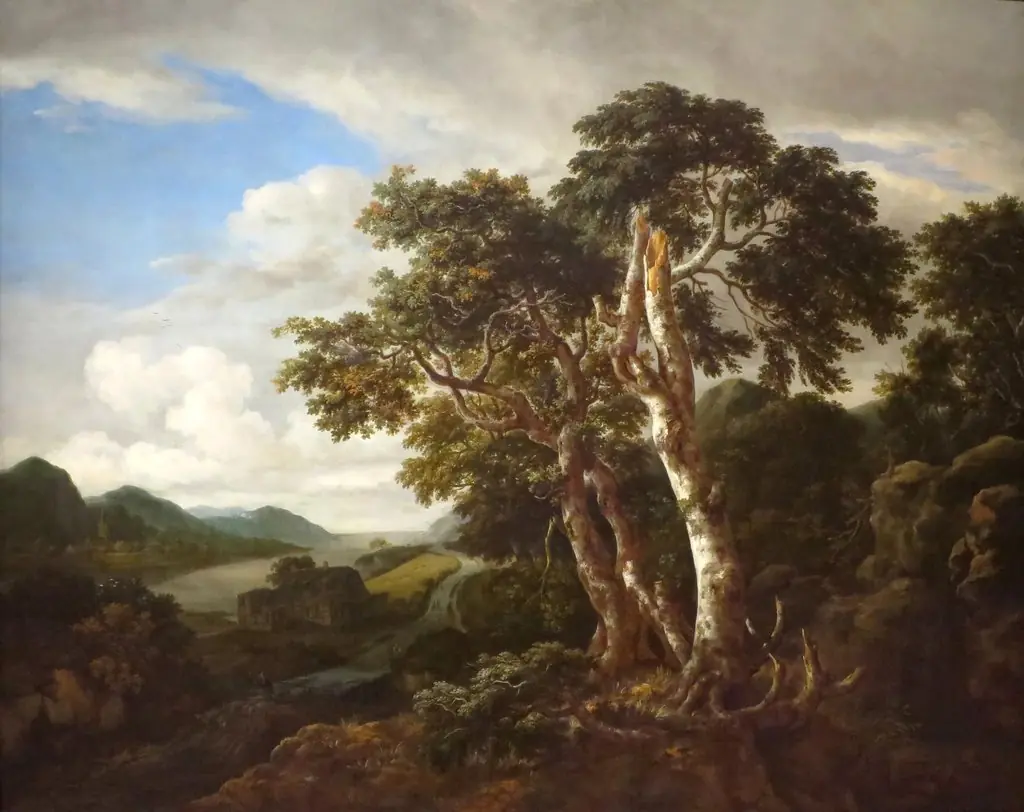 Three Great Trees in a Mountainous Landscape with a River