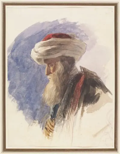 Portrait, head and shoulders, facing left, of an oriental man wearing a white turban
