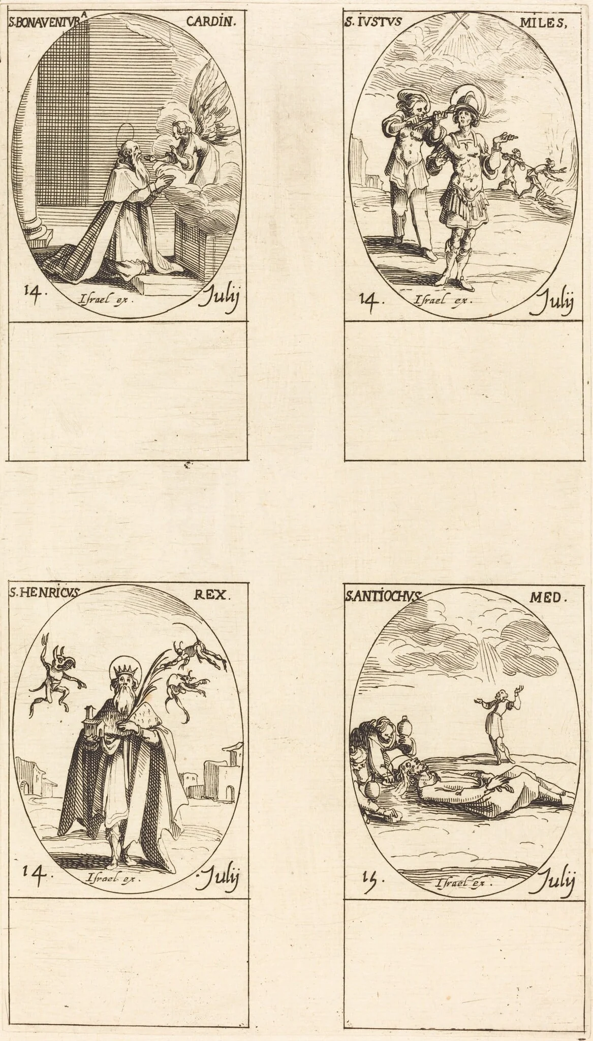St. Bonaventura; St. Justus; St. Henry, Emperor; St. Antiochus, by Jacques Callot, ink, 1634