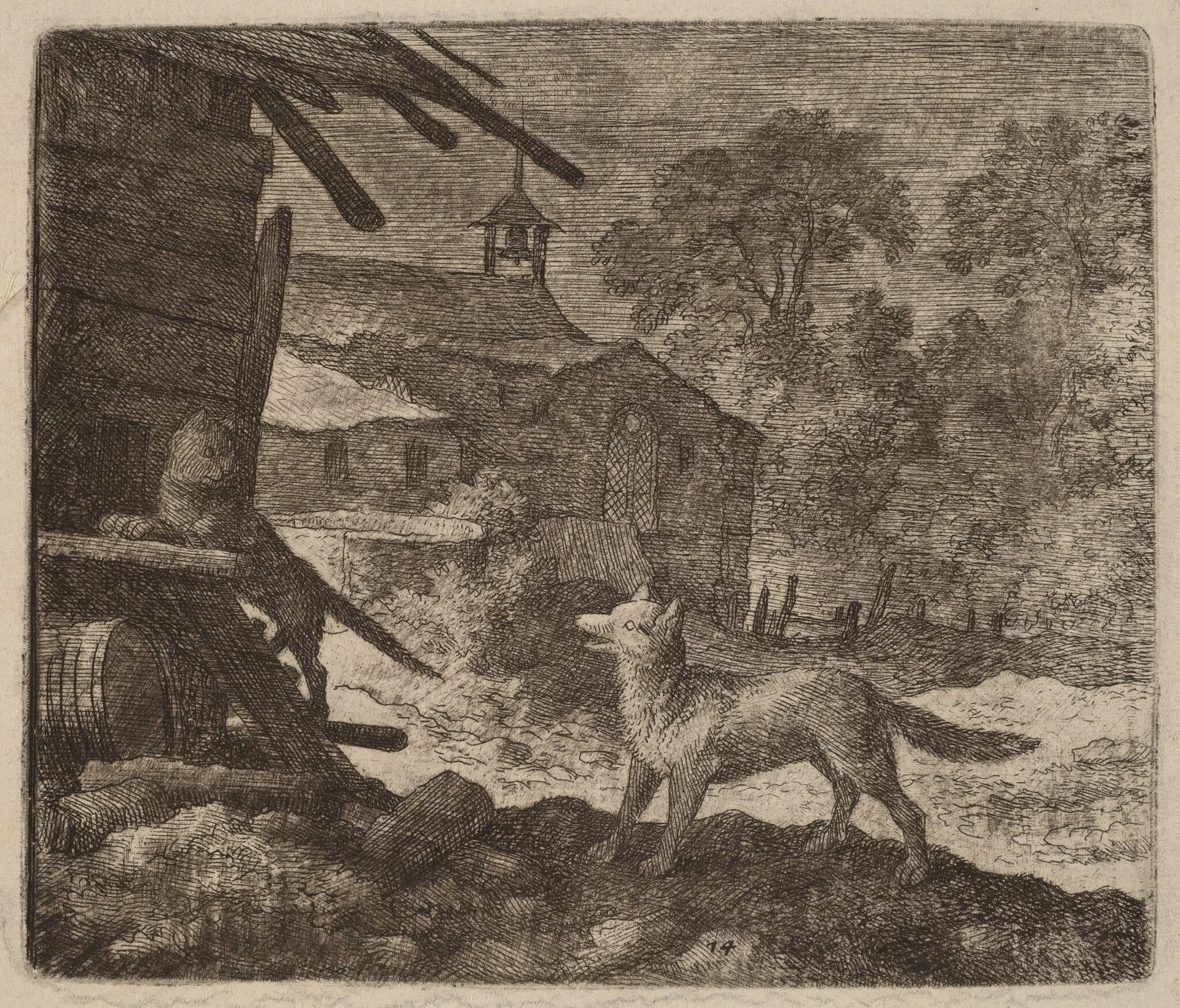 The Cat Enters the Barn as Reynard Looks On, by Allart van Everdingen, ink, 1650
